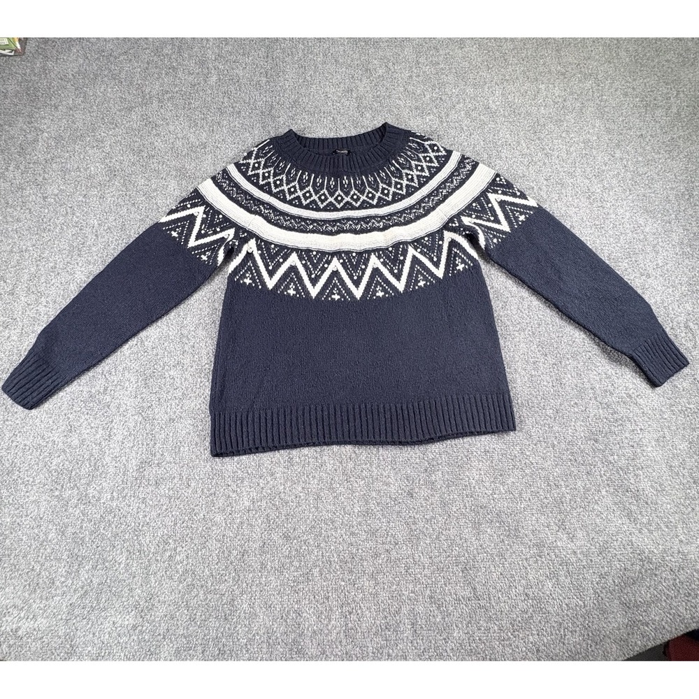 Talbots Sweater Women's L Navy Fair Isle Pearl Beaded Nordic Chunky Cozy Soft